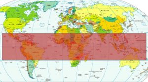 Mapa Mundi que mostra a Zona Tropical onde reina o Clima Tropical